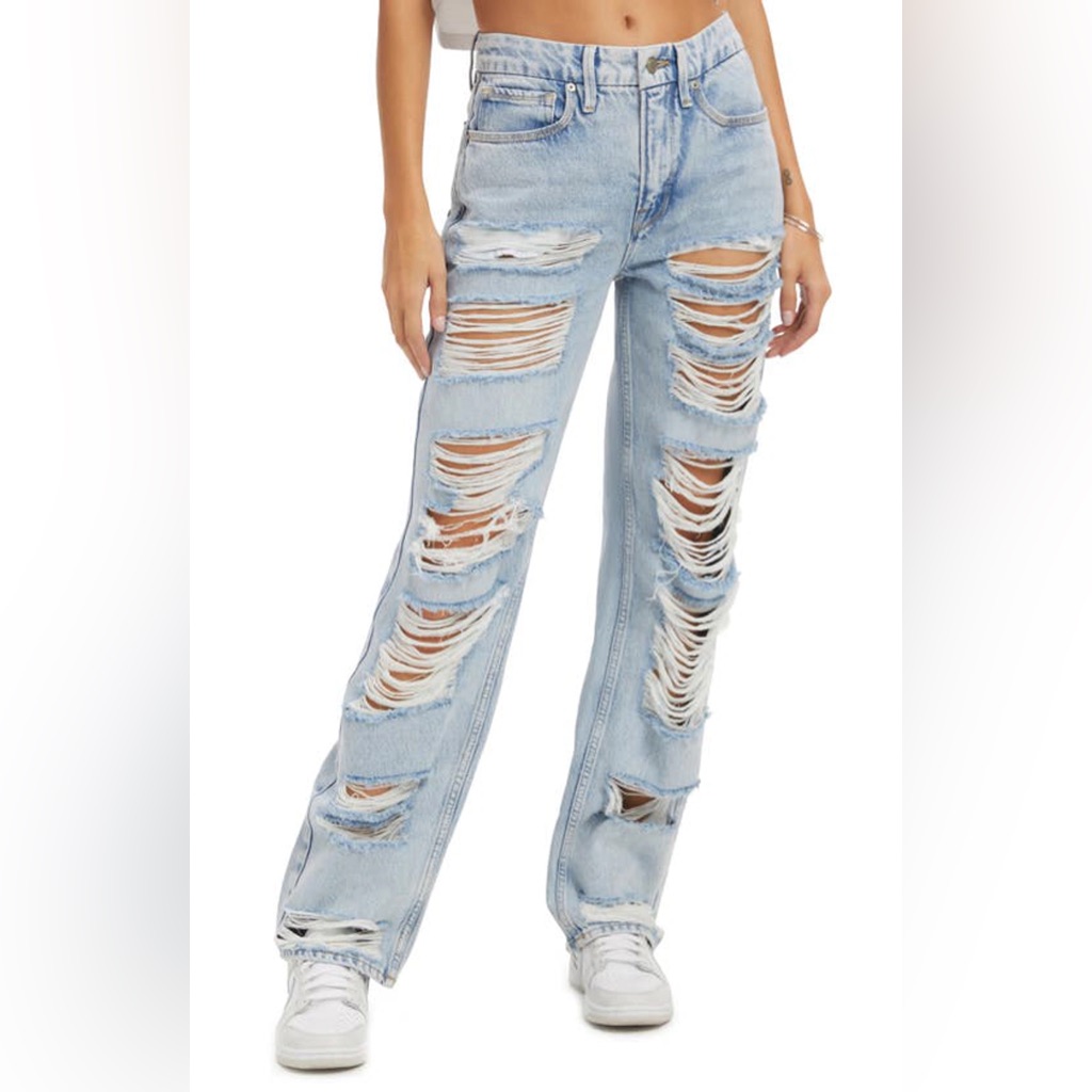 Good American Good ‘90s Extreme Rip Light Blue Denim Jeans Distressed Indigo